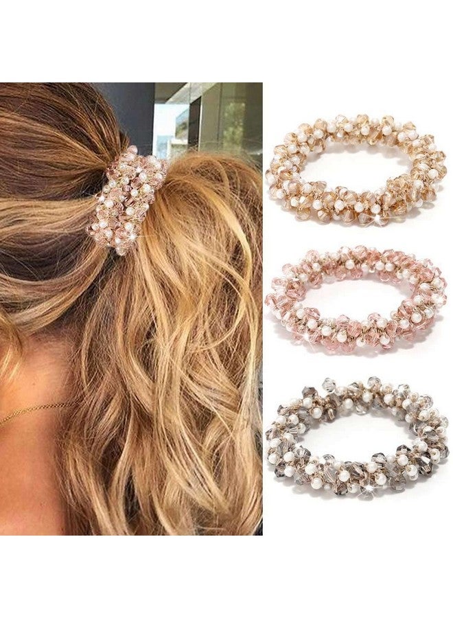 CAKURE Rhinestone Ponytail Holder Pearl Hair Ties Pink Elastic Hair Bands Beaded Glitter Hair Scrunchies Hair Accessories for Women and Girls (Pack of 3) - Image 1
