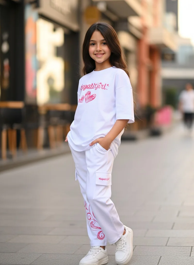 zaitoon Girls' Casual Set "Hayati Girl" – White T-Shirt and Cargo Pants
