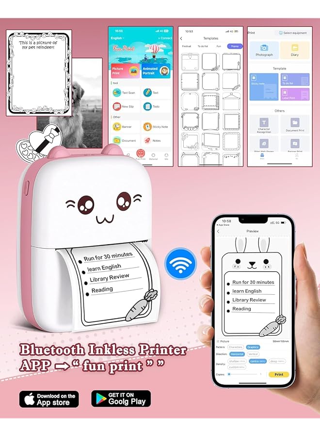 erorex Mini Thermal Printer Bluetooth Labler Maker Portable Sticker Printer For Printing Photos Sticky Notes Lists Includes 13 Rolls Of Thermal Paper And 5 Color Pens Install “Fun Print” App Pink - Image 2