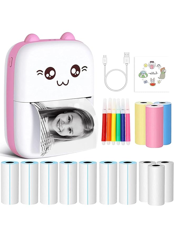 erorex Mini Thermal Printer Bluetooth Labler Maker Portable Sticker Printer For Printing Photos Sticky Notes Lists Includes 13 Rolls Of Thermal Paper And 5 Color Pens Install “Fun Print” App Pink - Image 1