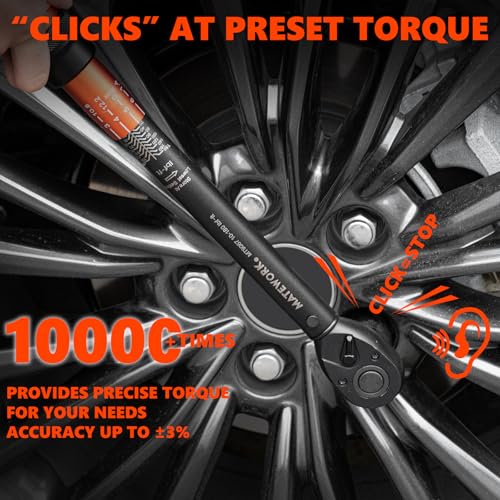 Matework 1/2 Inch Drive Click Torque Wrench, 10-180 ft.lb/13.6-244.1 Nm, ±3% High Precision Lug Nut Torque Wrench with 72 Tooth Dual-Direction for Moto, Wheel Tire and Car Repair - Image 5