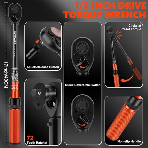 Matework 1/2 Inch Drive Click Torque Wrench, 10-180 ft.lb/13.6-244.1 Nm, ±3% High Precision Lug Nut Torque Wrench with 72 Tooth Dual-Direction for Moto, Wheel Tire and Car Repair - Image 4