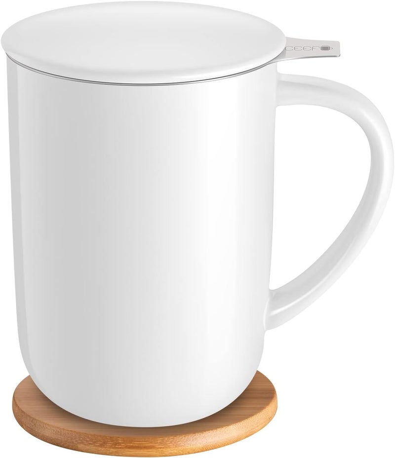 CEEFU Porcelain Tea Mug with Infuser and Lid, with Filter and Coaster, Loose Leaf Tea Cup Steeper Maker, 16 OZ for Tea/Coffee/Milk/Women/Office/Home/Gift (White) - Image 1