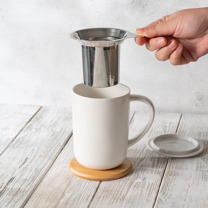 CEEFU Porcelain Tea Mug with Infuser and Lid, with Filter and Coaster, Loose Leaf Tea Cup Steeper Maker, 16 OZ for Tea/Coffee/Milk/Women/Office/Home/Gift (White) - Image 4
