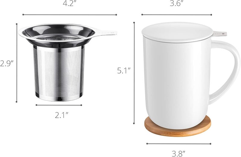 CEEFU Porcelain Tea Mug with Infuser and Lid, with Filter and Coaster, Loose Leaf Tea Cup Steeper Maker, 16 OZ for Tea/Coffee/Milk/Women/Office/Home/Gift (White) - Image 2