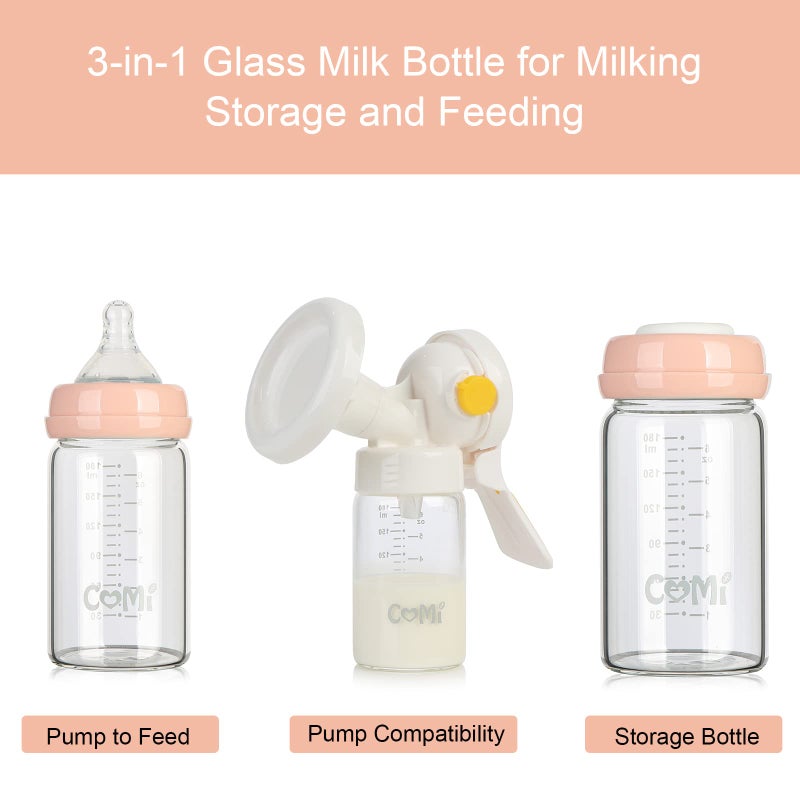 COMI Wide Neck Glass Breastmilk Collection n Storage Bottle, 4 Packs, 6oz with Screw Ring Sealing Disk; Re-markable Sealing Disc. BPA Free, Fits Breast Pumps & Nipples (4 Pink Lids) - Image 2