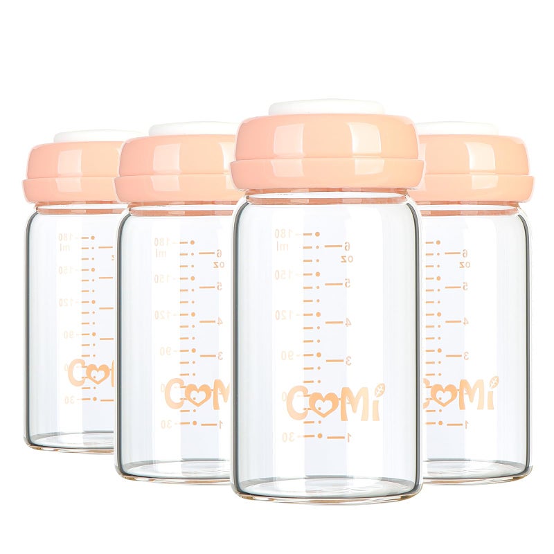 COMI Wide Neck Glass Breastmilk Collection n Storage Bottle, 4 Packs, 6oz with Screw Ring Sealing Disk; Re-markable Sealing Disc. BPA Free, Fits Breast Pumps & Nipples (4 Pink Lids) - Image 1