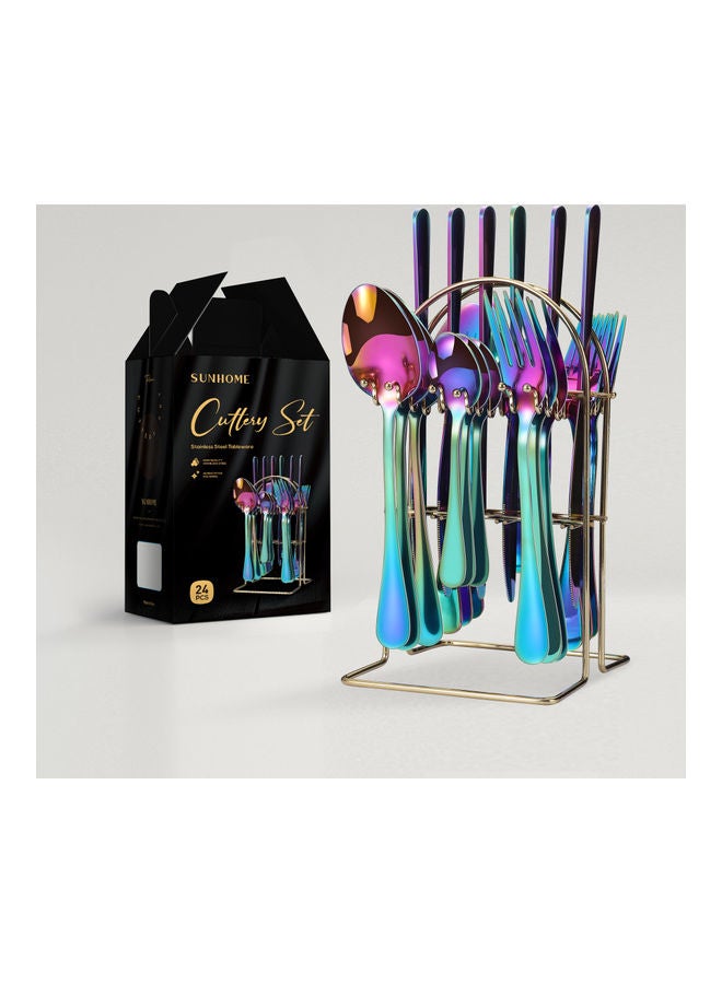 NIBEMINENT 24-Piece Stainless Steel Cutlery Set with Stand Multicolour - Image 1