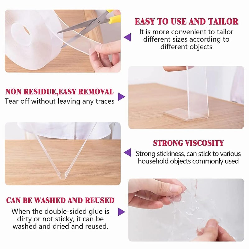 MOBDESK MOBDESK Double Sided Tape Adhesive Heavy Duty Multipurpose Strong Sticky Strip Grip Transparent Silicone Tape Removable Traceless Mounting for Walls Washable Anti-slip Heat Resistant Multi-functional  - Image 3