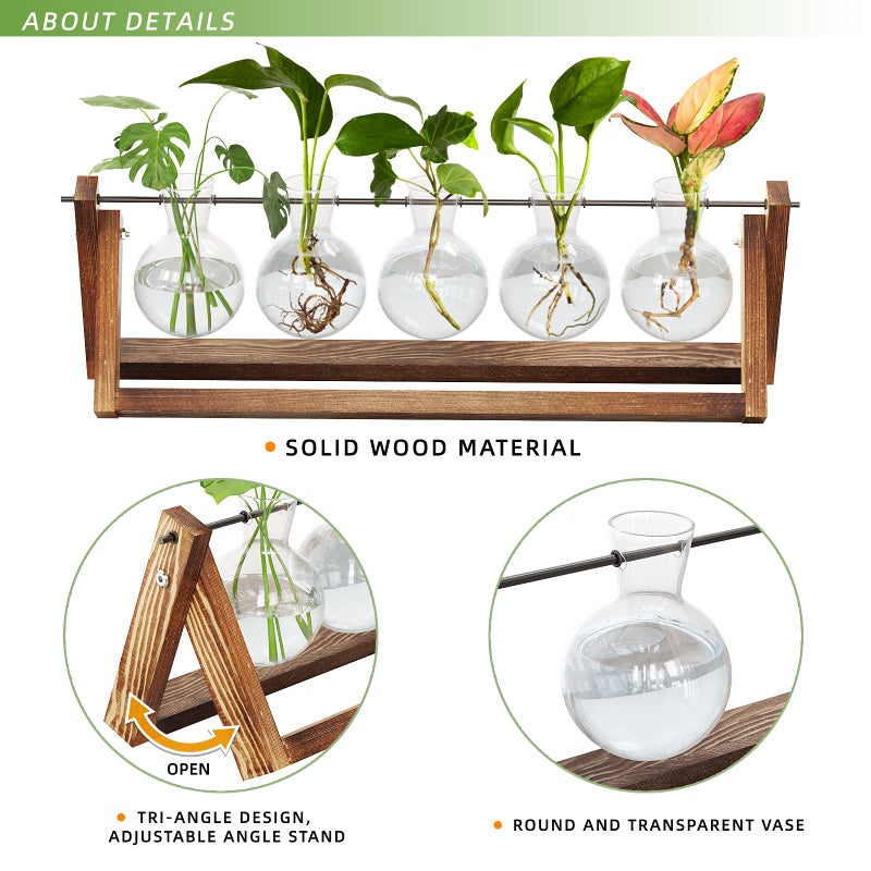 CFMOUR Plant Terrarium with Wooden Stand, Desktop Propagation Stations Glass Air Planter Metal Swivel Holder for Indoor Live Hydroponics Plants Office Home Garden Decor (5 Bulb Vase) - Image 4