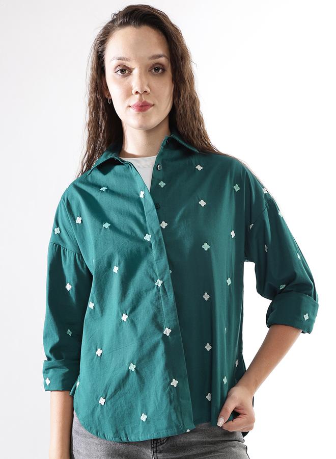 HIGH STAR Women'S Deep Teal Poplin Embroidered Button Down Oversized Shirt - Image 5