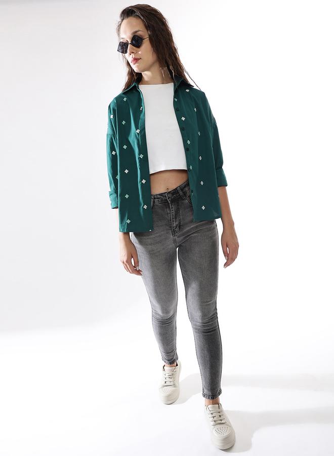 HIGH STAR Women'S Deep Teal Poplin Embroidered Button Down Oversized Shirt - Image 2