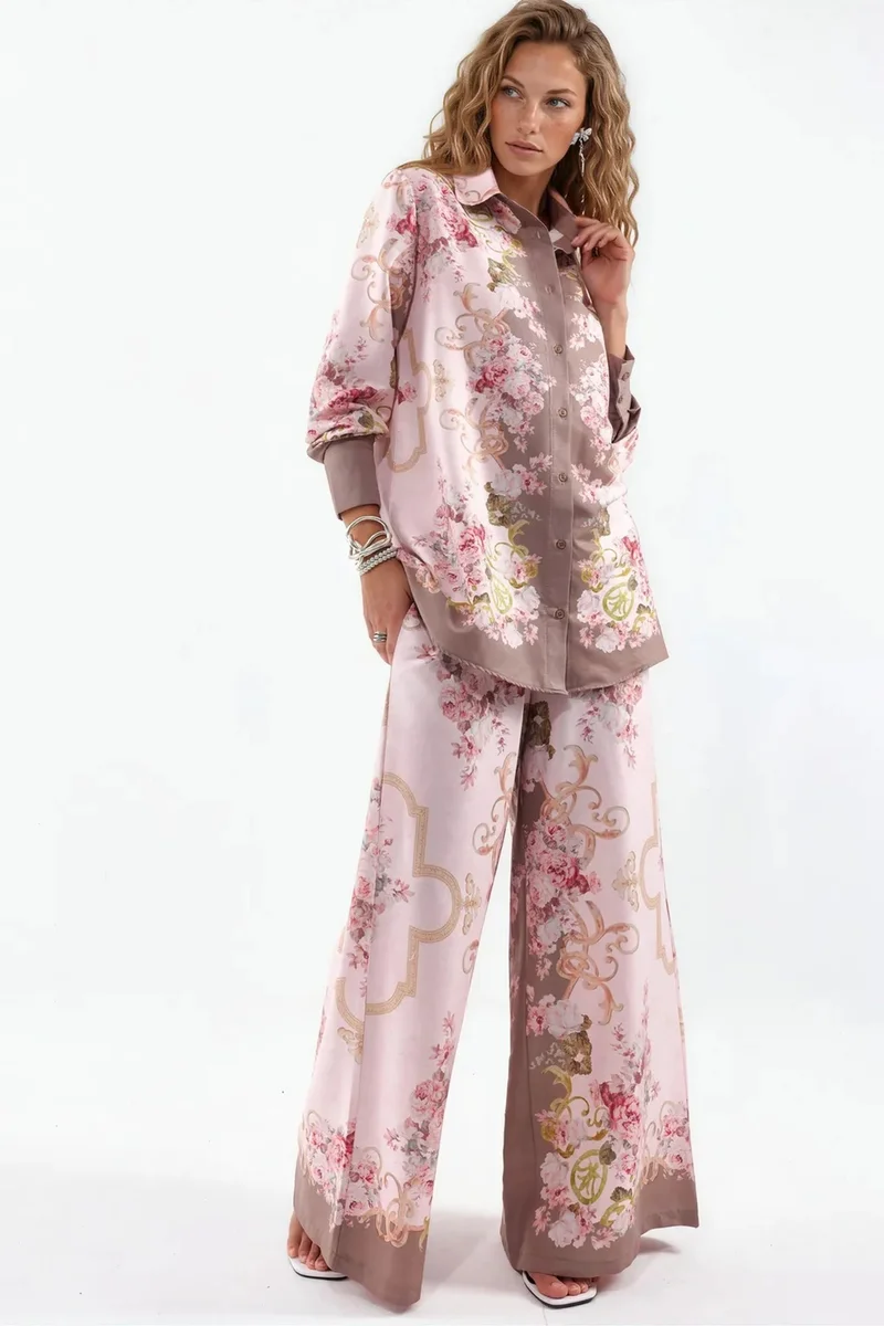 جينيفر Floral Satin Shirt And Wide-Leg Pants Set