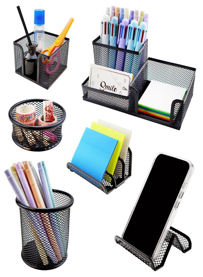 GAUENEEN Desk Organizer Set, 6 Piece Mesh Office Accessories, Pen Holder, Phone Stand, Clip Holder, Desktop Storage Set, Black - Image 1