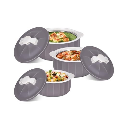 JAYPEE Micro Smart Inner Stainless Steel Serving Casserole Set of 3 (1000,1500,2000 ml) with Stylish Design |Microwave Safe |Lockable Lid |Hot Pot |BPA free, Earth Brown - Image 1