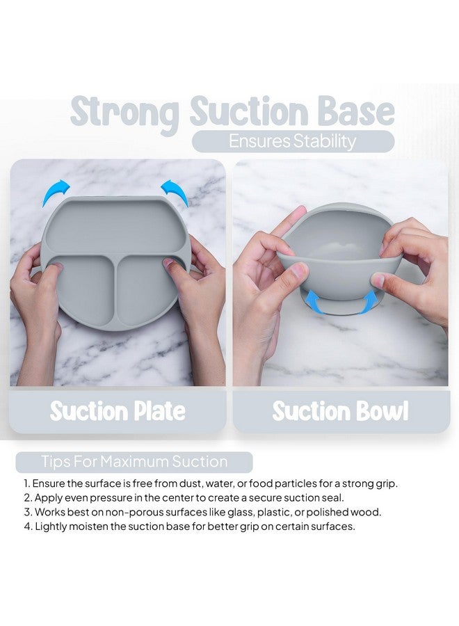 O'doe 17-Piece BPA-Free Silicone Baby Feeding Set | Thick & Soft Suction Plates, Baby Bowls, Wooden Fork & Spoon, and More | Make Mealtime Fun and Easy for Your Little One (Grey, V2) - Image 2