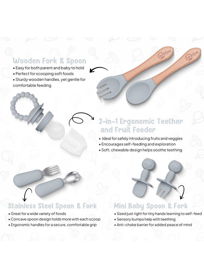 O'doe 17-Piece BPA-Free Silicone Baby Feeding Set | Thick & Soft Suction Plates, Baby Bowls, Wooden Fork & Spoon, and More | Make Mealtime Fun and Easy for Your Little One (Grey, V2) - Image 3