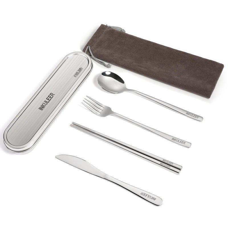 INKULEER Travel Cutlery Set - 18/8 Stainless Steel Reusable Utensils with Metal Case, Portable Silverware for Camping, Office, Travel & Outdoor Dining - Image 2