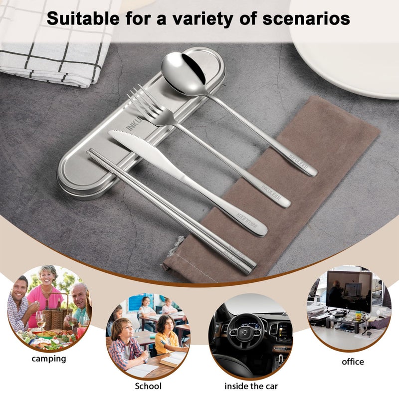 INKULEER Travel Cutlery Set - 18/8 Stainless Steel Reusable Utensils with Metal Case, Portable Silverware for Camping, Office, Travel & Outdoor Dining - Image 5