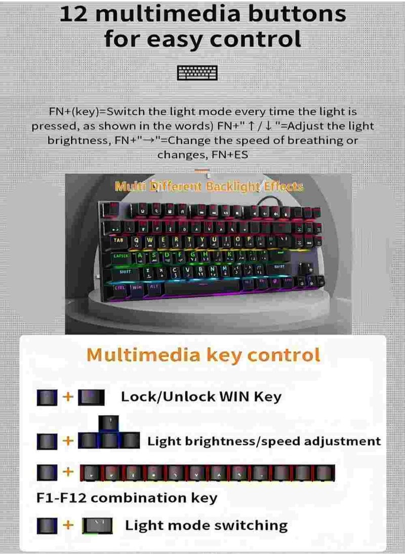 Generic English Arabic Mechanical Gaming Keyboard with LED Backlit, 87 Keys Quick Response USB Interface Esport Waterproof Wired Keyboard for Windows,MacOS,Android PC Gamers  Black  - Image 4