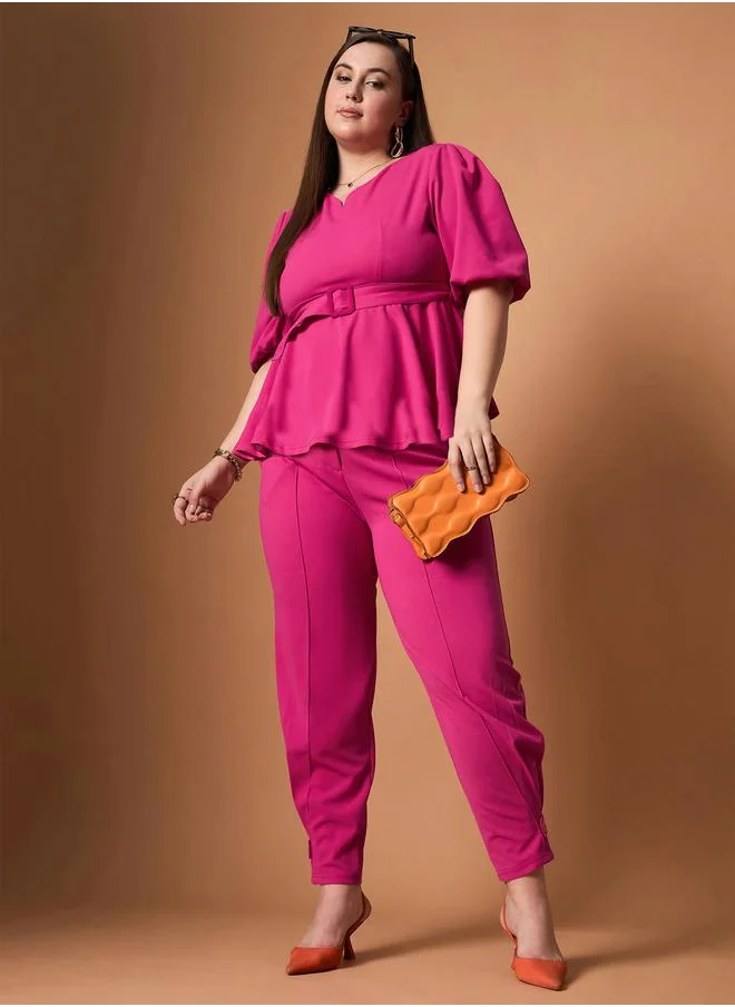 SASSAFRAS Plus Size Solid Belted Peplum Top and Tapered Pants Set