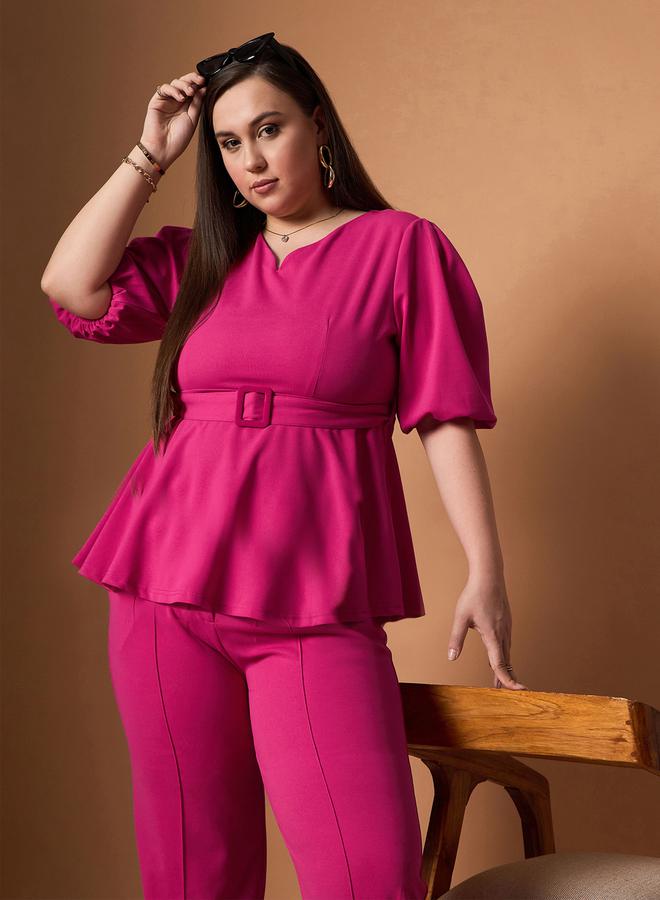 SASSAFRAS Plus Size Solid Belted Peplum Top and Tapered Pants Set - Image 2