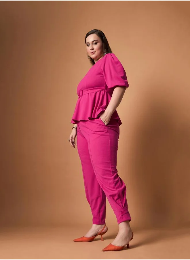 SASSAFRAS Plus Size Solid Belted Peplum Top and Tapered Pants Set by Styli