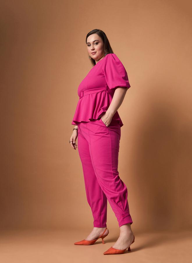 SASSAFRAS Plus Size Solid Belted Peplum Top and Tapered Pants Set - Image 3