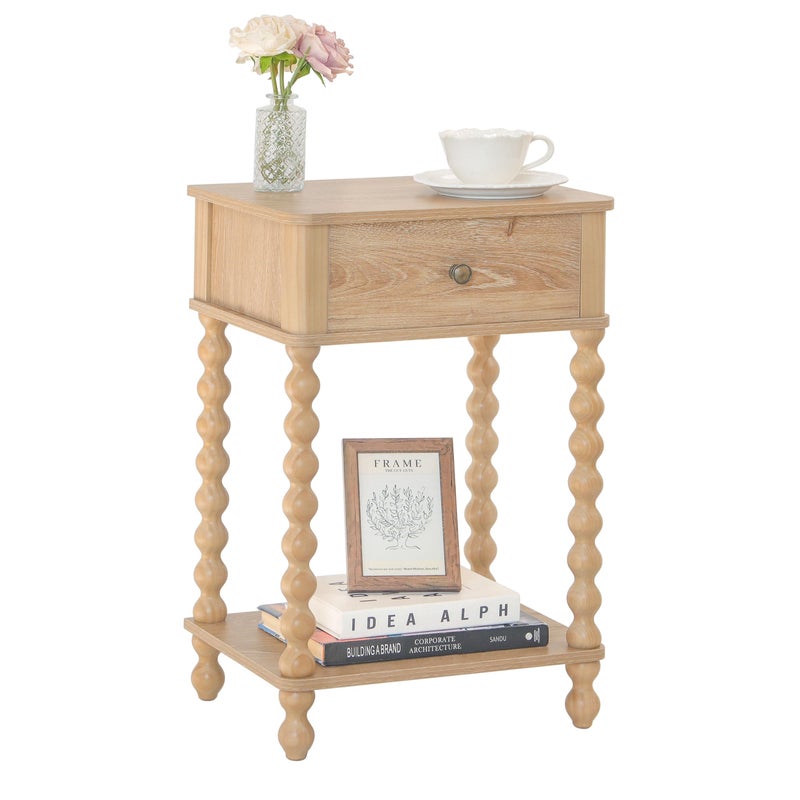 AWASEN Night Stand, Wood End Table with Drawer for Living Room, Small Bedside Side Table with Spindle Wood Legs for Bedroom, Office, Rustic Walnut - Image 1