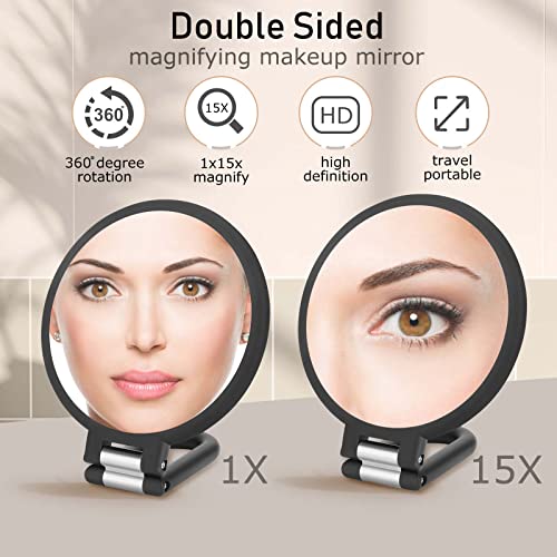 CLSEVXY Magnifying Handheld Mirror Double Sided, 1X 15X Magnification Hand Mirror, Travel Folding Held Adjustable Rotation Pedestal Makeup Desk Vanity - Image 2