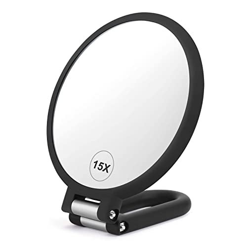CLSEVXY Magnifying Handheld Mirror Double Sided, 1X 15X Magnification Hand Mirror, Travel Folding Held Adjustable Rotation Pedestal Makeup Desk Vanity - Image 1