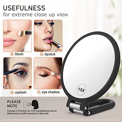CLSEVXY Magnifying Handheld Mirror Double Sided, 1X 15X Magnification Hand Mirror, Travel Folding Held Adjustable Rotation Pedestal Makeup Desk Vanity - Image 3