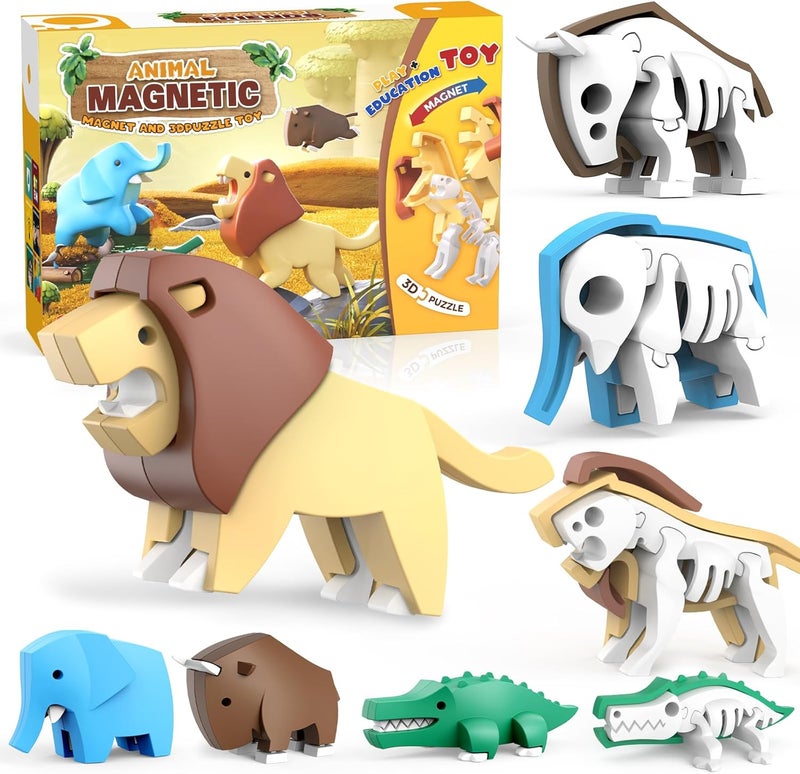 Toycost ألعاب بناء الحيوانات المغناطيسية، ألعاب تعليمية للأطفال الصغار STEM، ألغاز حيوانات ثلاثية الأبعاد للأولاد والبنات، لعبة مغناطيسية تعليمية للسفر على طريقة مونتيسوري (أسد، فيل، تمساح)، هدية عيد ميلاد فريدة للأطفال من عمر 3 إلى 7 سنوات. - Image 1
