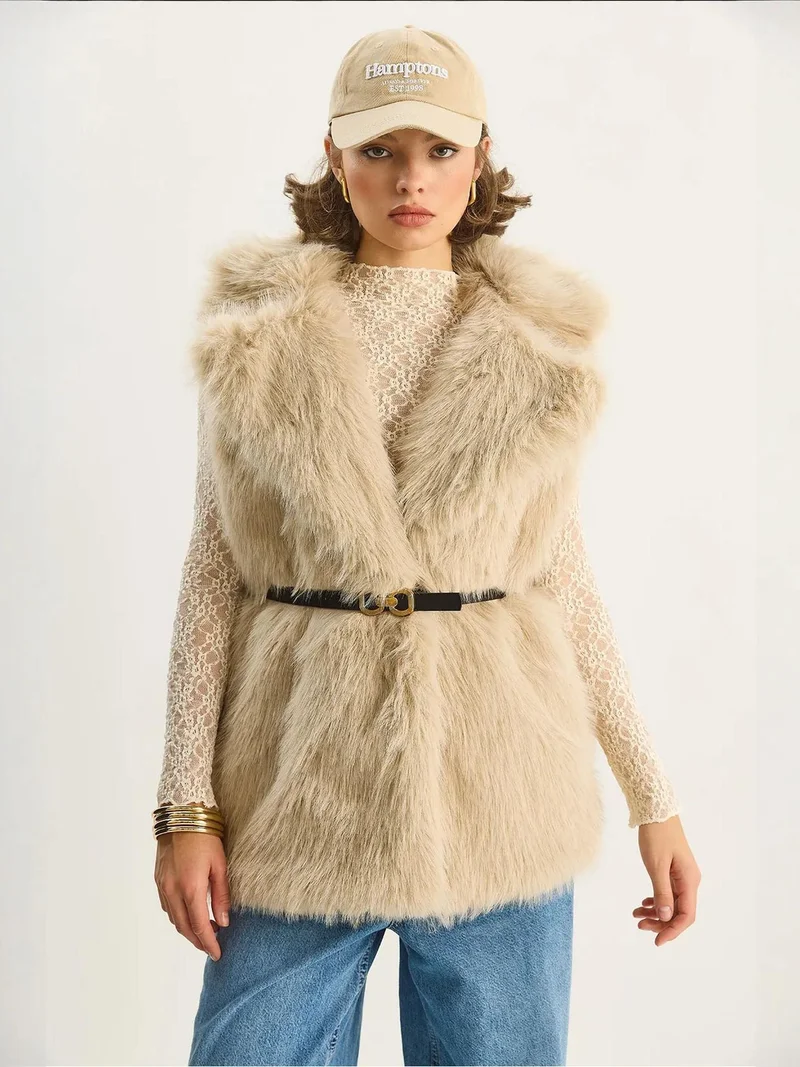 Bianco Lucci Beige Natural LUCCI Faux Fur Waistcoat for Women | Best Price UAE