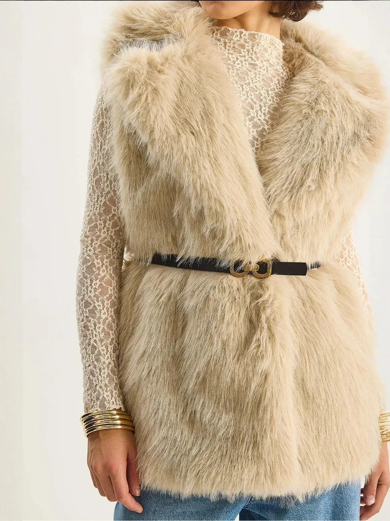 Bianco Lucci Beige Natural LUCCI Faux Fur Waistcoat for Women | Best Price UAE