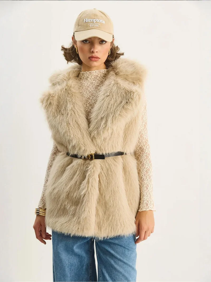 Bianco Lucci Beige Natural LUCCI Faux Fur Waistcoat for Women | Best Price UAE