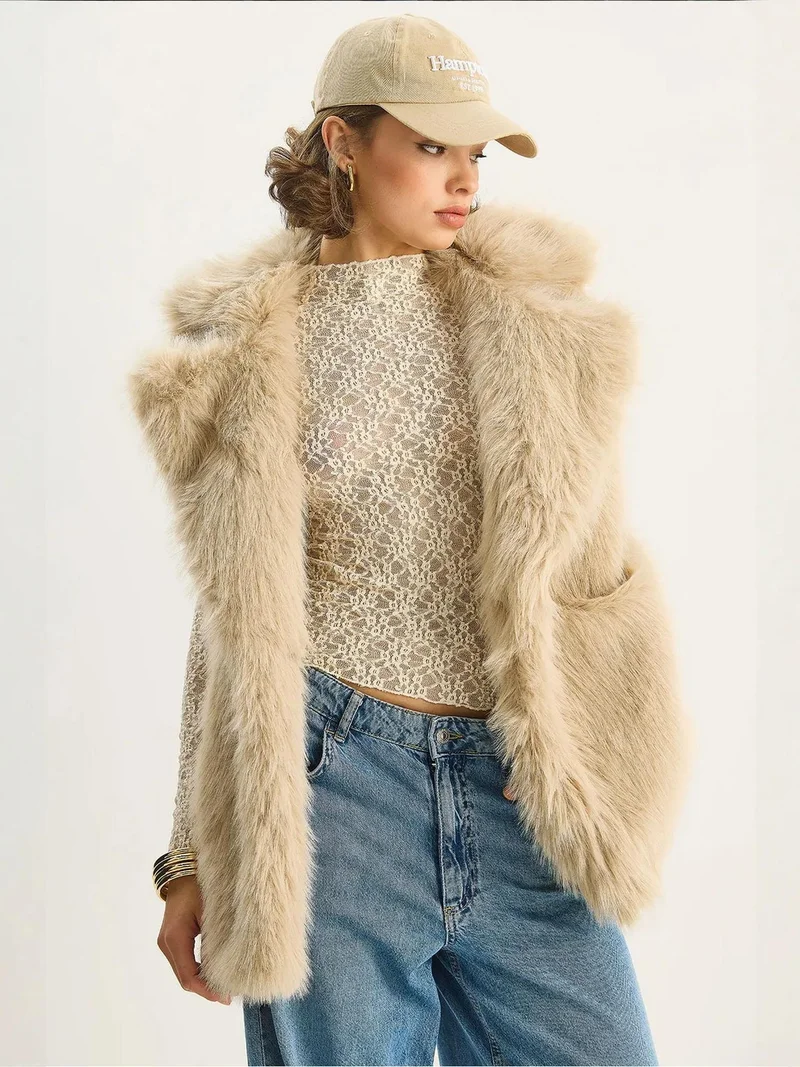 Bianco Lucci Beige Natural LUCCI Faux Fur Waistcoat for Women | Best Price UAE