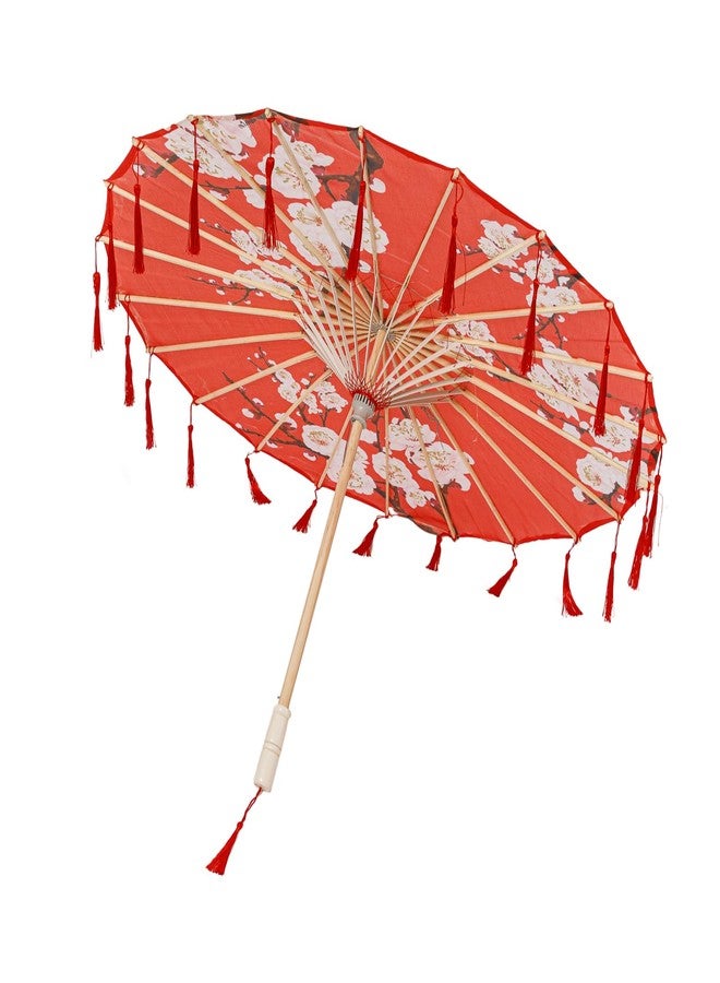 ذاي كوليكتبلز مظلة حريرية كلاسيكية صينية الطراز الآسيوي من THY COLLECTIBLES مقاس 22 بوصة للأطفال مع شرابات لحفلات الزفاف والتصوير الفوتوغرافي والأزياء التنكرية والديكورات وغيرها من المناسبات (أحمر مع زهور) - Image 2