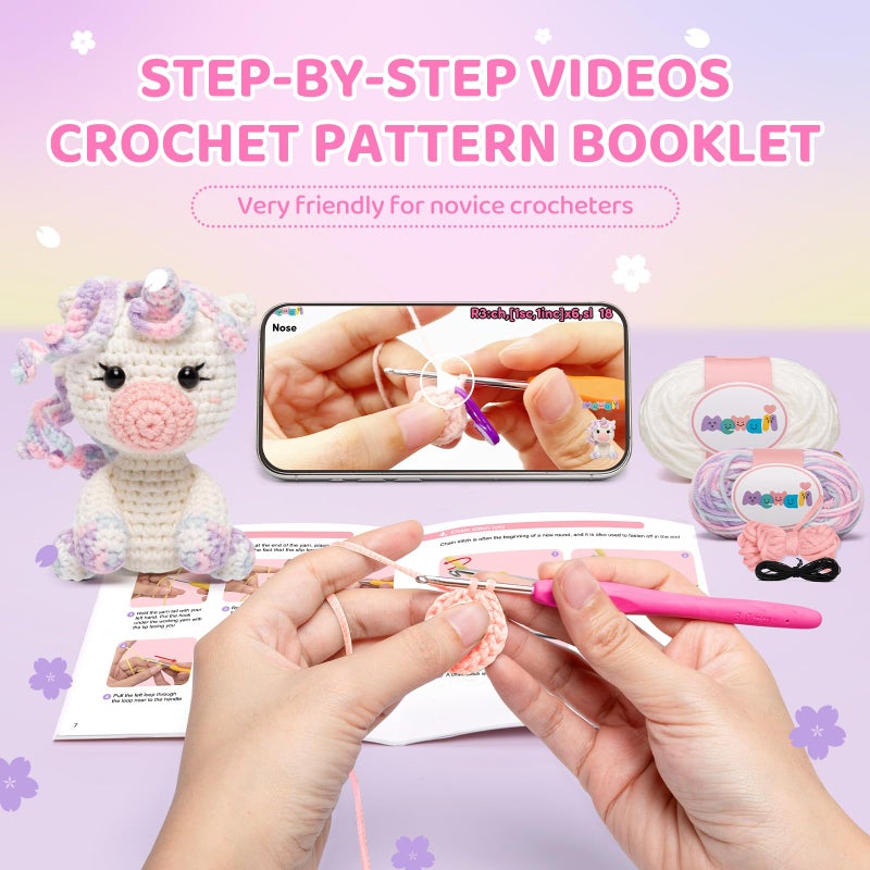 Mewaii Crochet Kit for Beginners Level 2 with 40% Extra Eco-Friendly Pre-Started Easy Yarn  Step-by-Step Video Tutorials for Adults and Kids (Pastel Unicorn) - Image 3