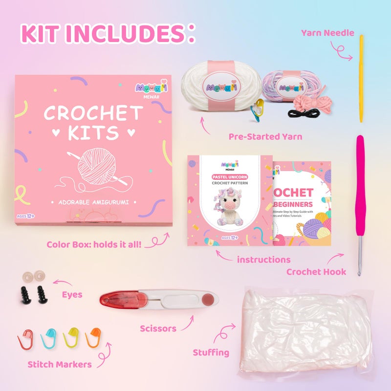 Mewaii Crochet Kit for Beginners Level 2 with 40% Extra Eco-Friendly Pre-Started Easy Yarn  Step-by-Step Video Tutorials for Adults and Kids (Pastel Unicorn) - Image 2