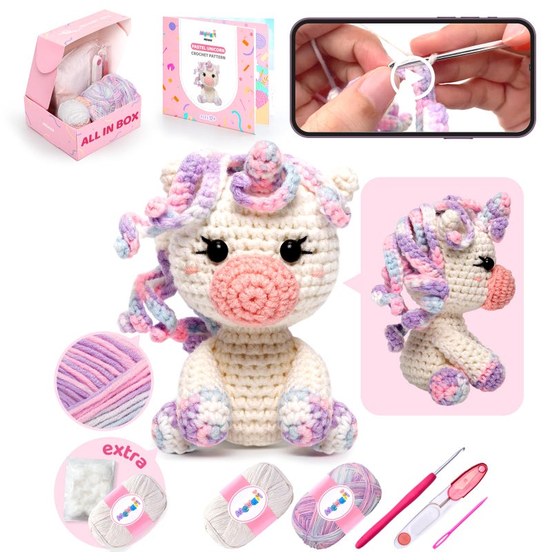 Mewaii Crochet Kit for Beginners Level 2 with 40% Extra Eco-Friendly Pre-Started Easy Yarn  Step-by-Step Video Tutorials for Adults and Kids (Pastel Unicorn) - Image 1