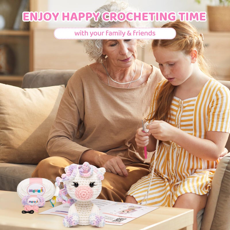 Mewaii Crochet Kit for Beginners Level 2 with 40% Extra Eco-Friendly Pre-Started Easy Yarn  Step-by-Step Video Tutorials for Adults and Kids (Pastel Unicorn) - Image 4