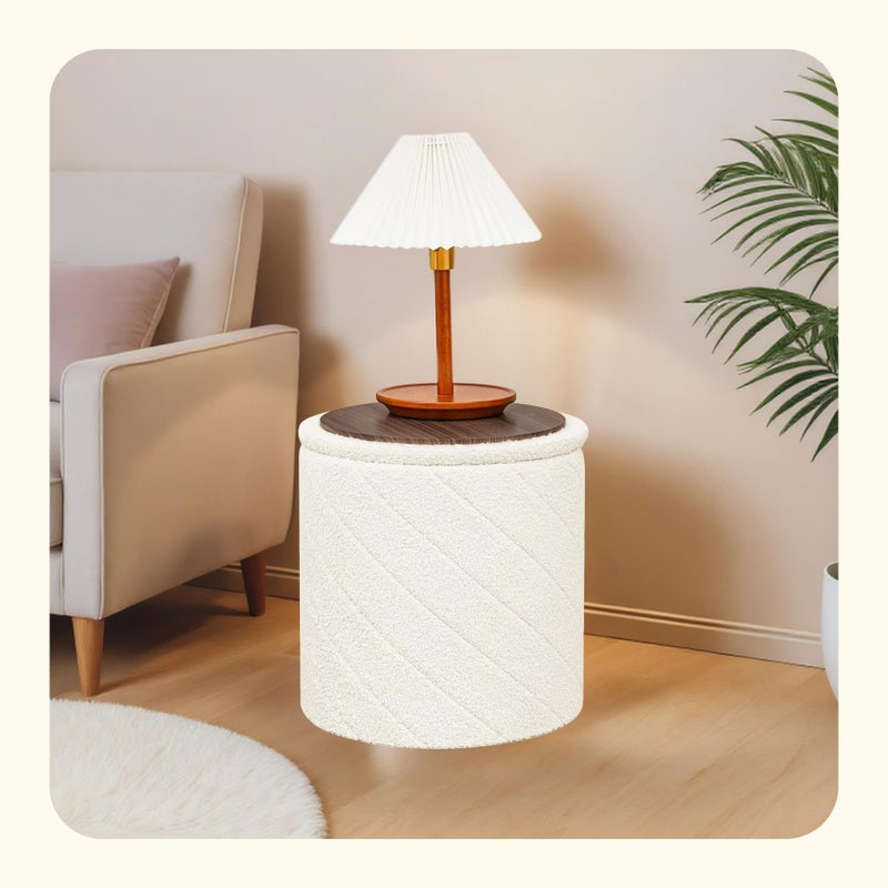 PINPLUS Ottoman with Stroage Round Boucle Ottoman and Tray Sherpa Removable Foot Stool Coffee Table for Dorm, Living Room White, 16.9"x16.9"x17.7" - Image 5
