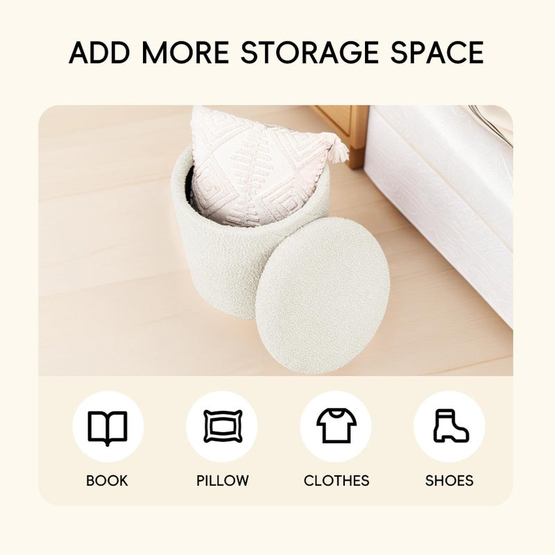 PINPLUS Ottoman with Stroage Round Boucle Ottoman and Tray Sherpa Removable Foot Stool Coffee Table for Dorm, Living Room White, 16.9"x16.9"x17.7" - Image 3