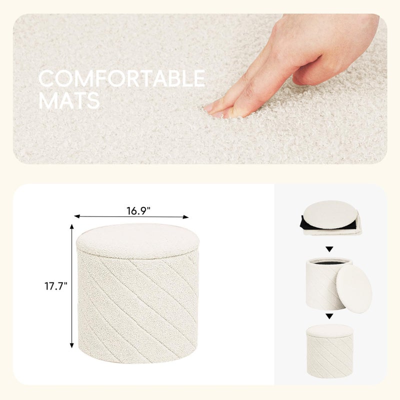 PINPLUS Ottoman with Stroage Round Boucle Ottoman and Tray Sherpa Removable Foot Stool Coffee Table for Dorm, Living Room White, 16.9"x16.9"x17.7" - Image 4