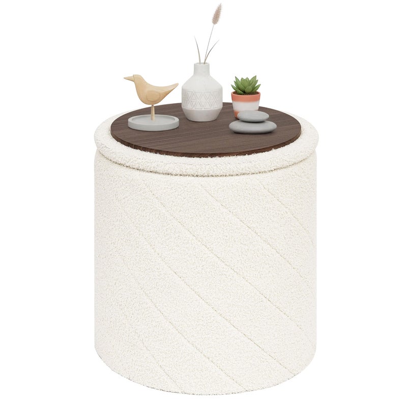 PINPLUS Ottoman with Stroage Round Boucle Ottoman and Tray Sherpa Removable Foot Stool Coffee Table for Dorm, Living Room White, 16.9"x16.9"x17.7" - Image 1
