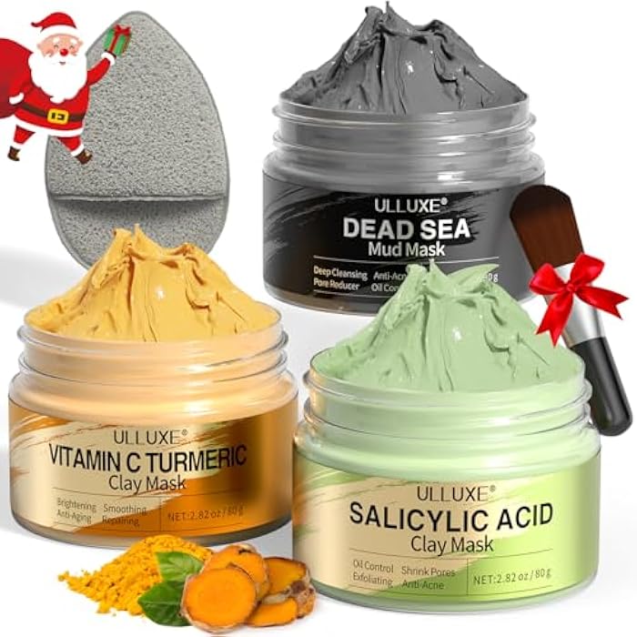 ulluxe Facial Clay Mask Set - Vitamin C Turmeric Face Mask, Dead Sea Mud & Salicylic Acid (BHA) Mask for Pores Cleansing, Blackheads, Dark Spots, Brightening, Face Masks Skincare Gift for Women, 2.82 oz each - Image 1