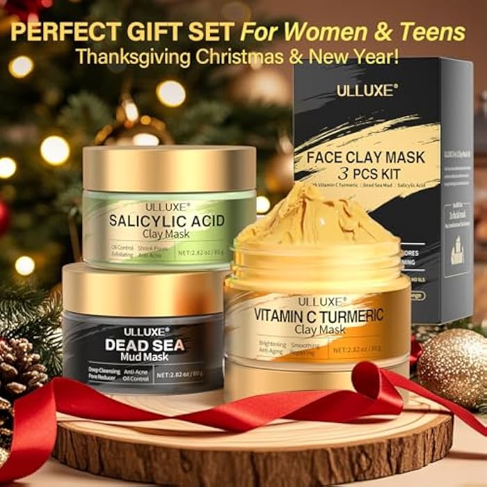 ulluxe Facial Clay Mask Set - Vitamin C Turmeric Face Mask, Dead Sea Mud & Salicylic Acid (BHA) Mask for Pores Cleansing, Blackheads, Dark Spots, Brightening, Face Masks Skincare Gift for Women, 2.82 oz each - Image 2