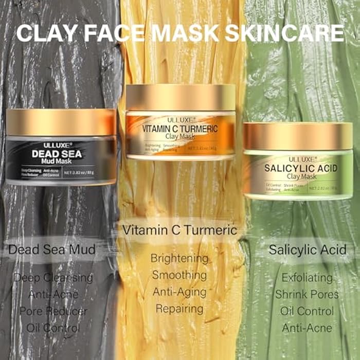 ulluxe Facial Clay Mask Set - Vitamin C Turmeric Face Mask, Dead Sea Mud & Salicylic Acid (BHA) Mask for Pores Cleansing, Blackheads, Dark Spots, Brightening, Face Masks Skincare Gift for Women, 2.82 oz each - Image 3