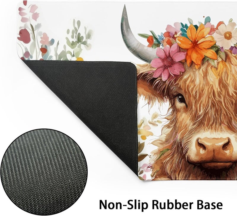 aportt Aesthetic Highland Cow Gaming Mouse Pad XL Cow Print Blue Orange Floral Extended Large Mat Mousepad Desk Pad Non-Slip Rubber Base Stitched Edge Flower Keyboard Pad Playmat for Computer,31.5×11.8 in - Image 3